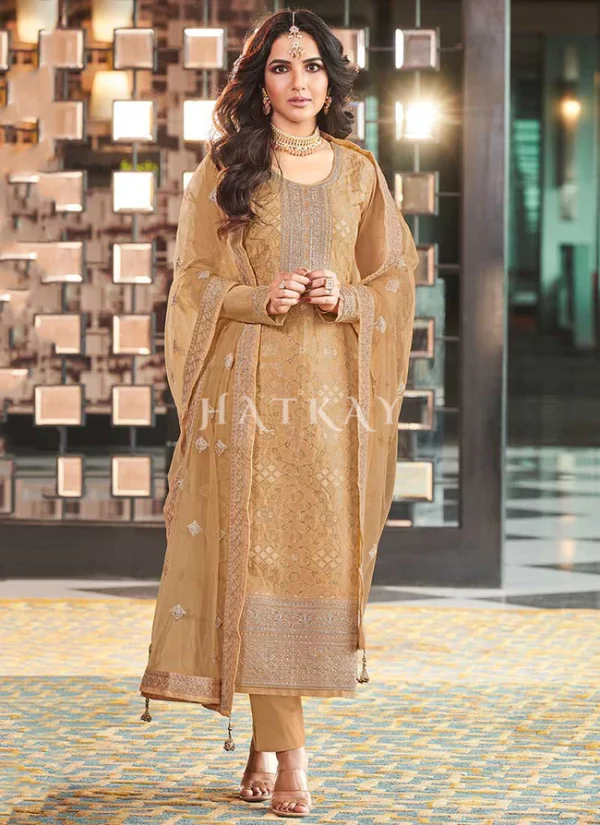 Beige Golden Embroidery Pant Style Suit