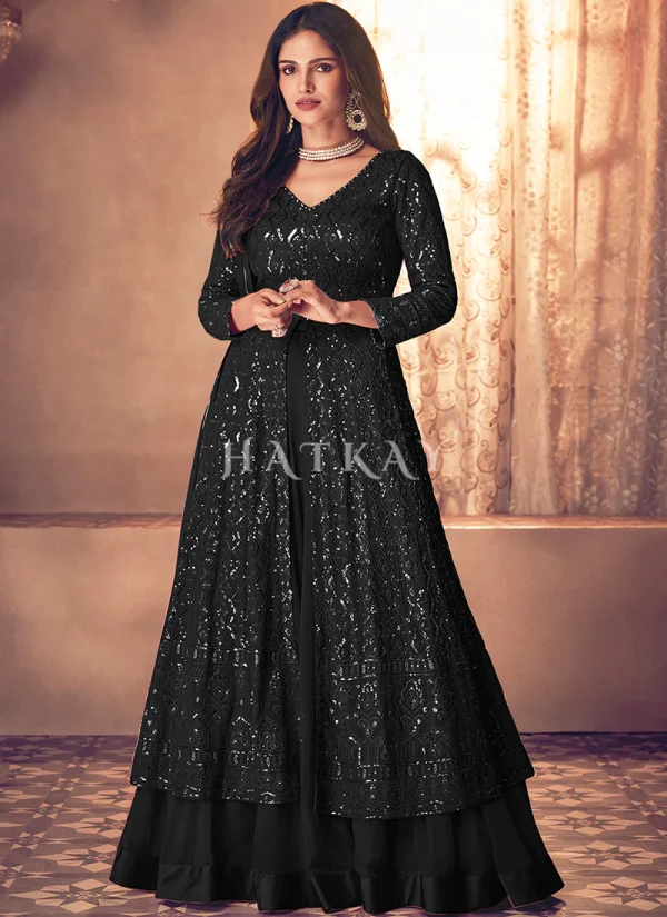 Black Traditional Sequence Embroidered Wedding Anarkali Lehenga Style Suit