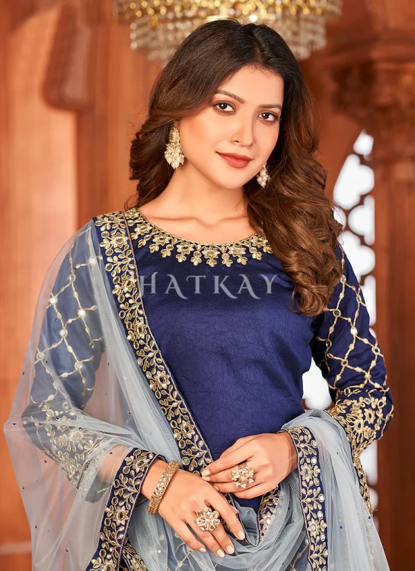 Blue And Grey Mirror Work Embroidery Patiala Suit