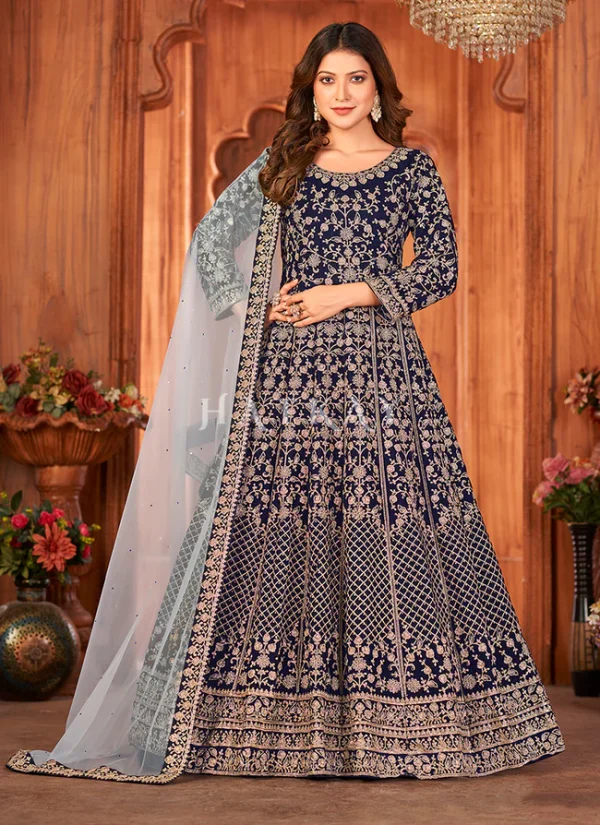 Blue Embroidery Traditional Velvet Anarkali Suit