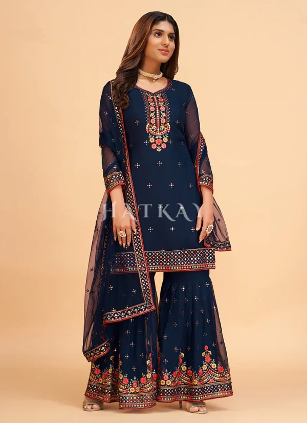 Blue Multi Embroidered Georgette Gharara Suit