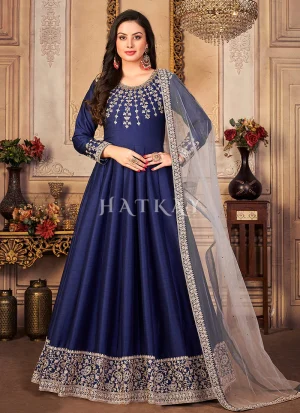 Blue Zari Embroidered Festive Silk Anarkali Suit