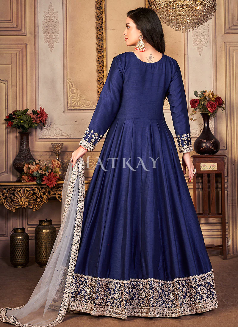 Blue Satin Silk Floor Length Anarkali Suit | Silk anarkali suits, Silk  anarkali, Anarkali dress