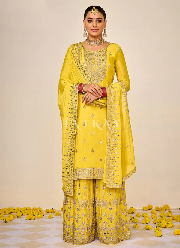 Bright Yellow Embroidered Traditional Gharara Suit