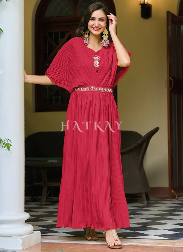 Cherry Red Minimalist Embroidered Crushed Gown