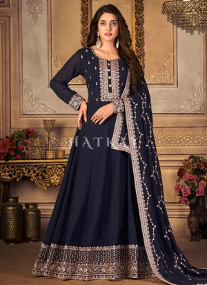 Dark Blue Zari Embroidery Traditional Anarkali Suit