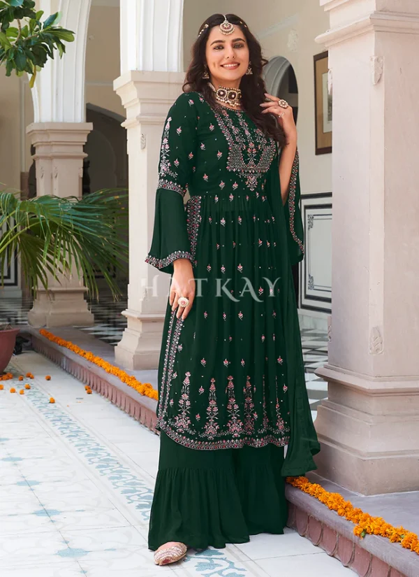 Dark Green Multi Embroidered Traditional Gharara Suit