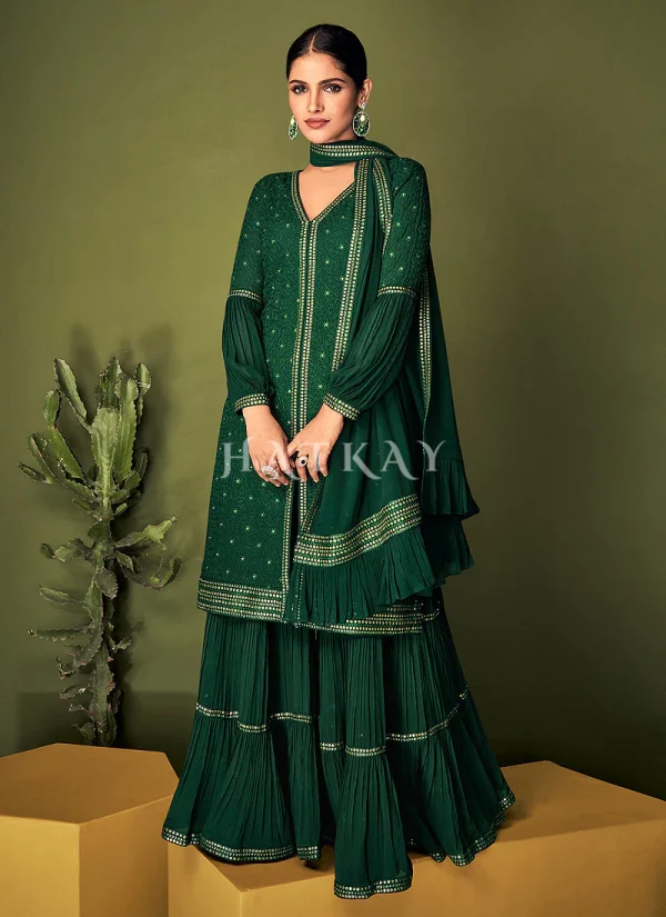 Dark Green Sequence Embroidered Traditional Sharara Suit