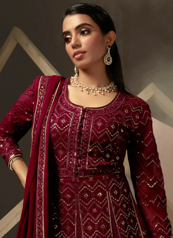 Deep Maroon Lucknowi Embroidered Anarkali Gown