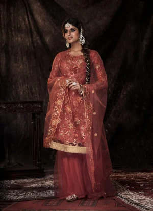 Deep Orange Sequence Embroidered Sharara Suit