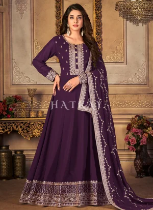 Deep Purple Zari Embroidery Traditional Anarkali Suit