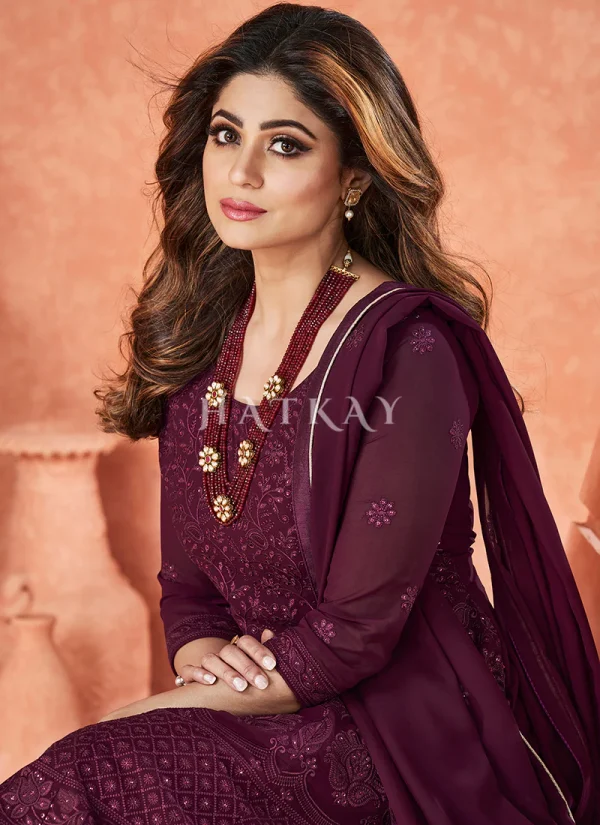 Deep Wine Embroidered Bollywood Sharara Suit