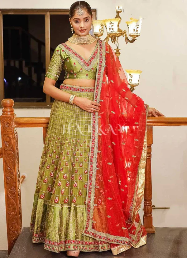 Green And Pink Multi Embroidery Wedding Lehenga Choli