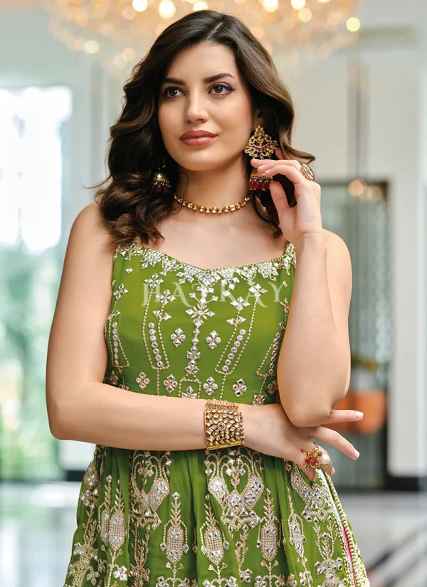 Green And White Embroidered Georgette Sharara Suit