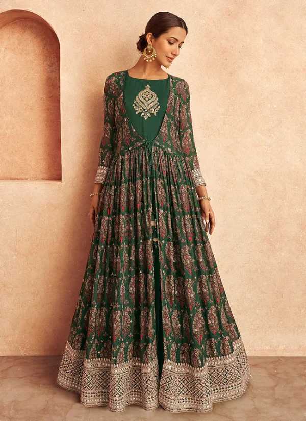 Green Embroidery Jacket Style Anarkali Suit