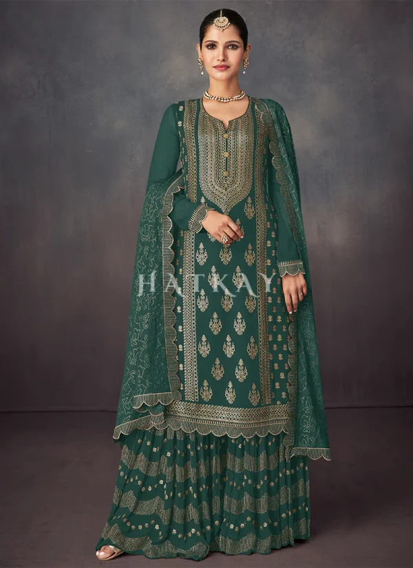 Green Golden Embroidered Sharara Style Suit