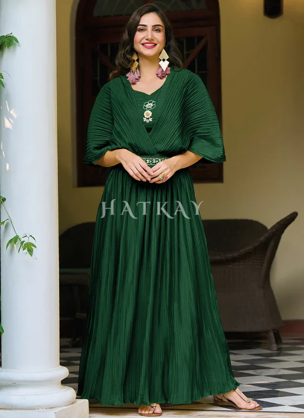 Green Minimalist Embroidered Crushed Gown