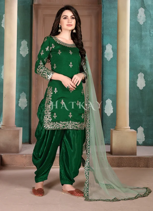Green Mirror Work Silk Punjabi Patiala Suit