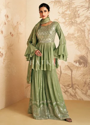 Green Sequence Embroidery Gharara Suit