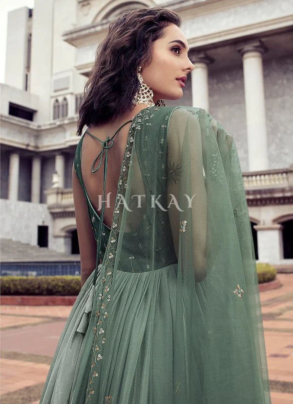 Green Sequence Embroidery Shaded Kalidar Anarkali Gown