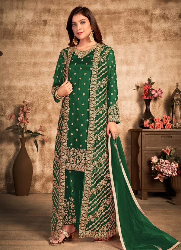 Green Traditional Embroidered Jacket Style Pant Suit