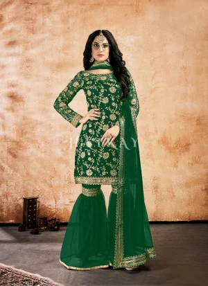 Green Zari Embroidered Traditional Gharara Style Suit