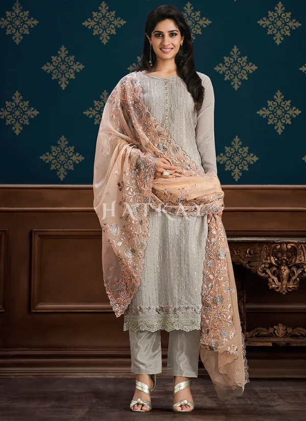 Grey And Golden Floral Embroidery Pakistani Pant Suit