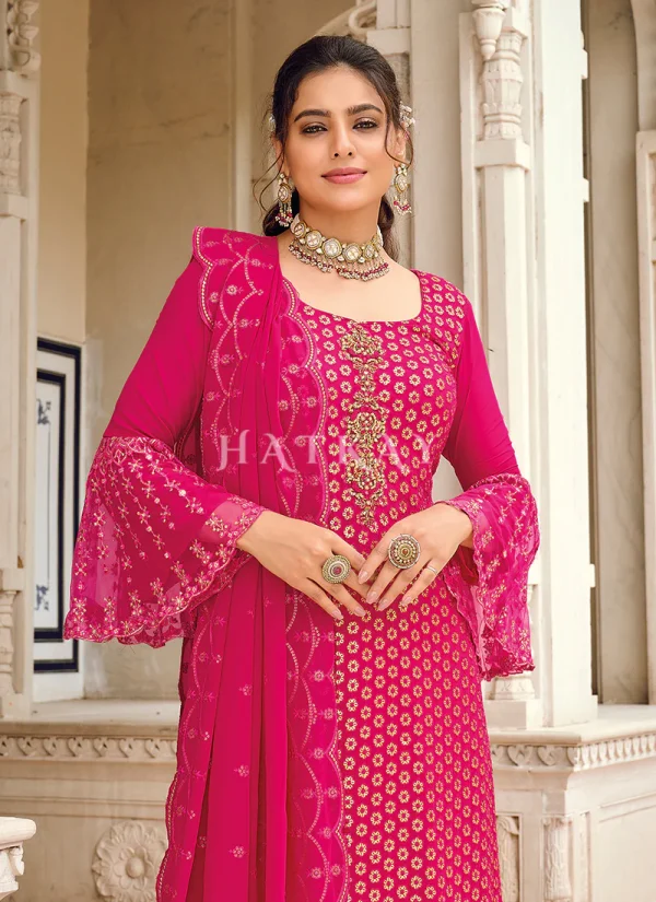 Hot Pink Embroidered Pakistani Pant Style Suit