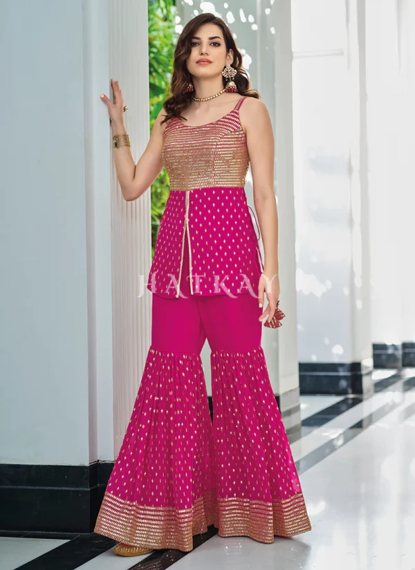 Hot Pink Embroidered Traditional Gharara Suit