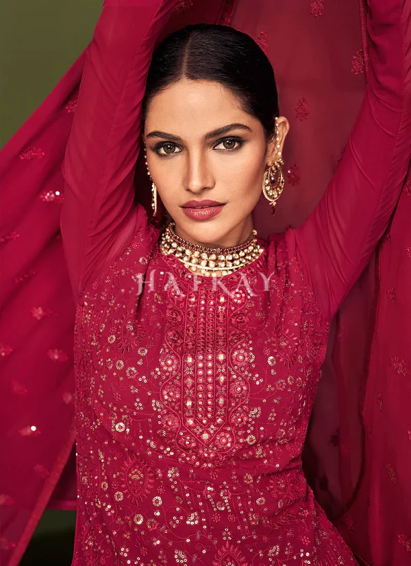 Hot Pink Sequence Embroidered Sharara Style Suit