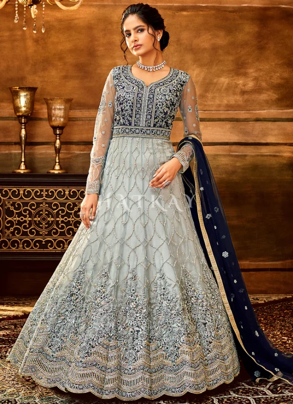 Ice Blue Embroidery Wedding Anarkali Suit