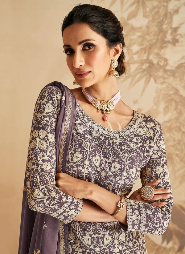 Lavender Designer Embroidery Gharara Suit