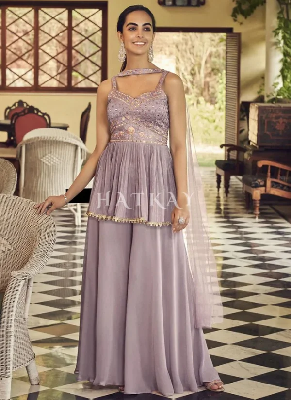 Lavender Embroidered Sharara Style Suit