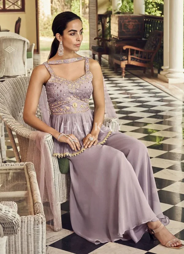Lavender Embroidered Sharara Style Suit