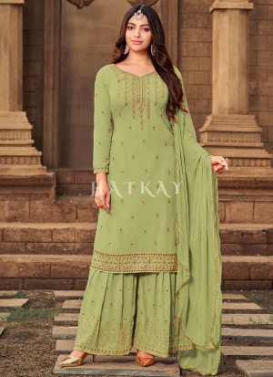 Light Green Zari Embroidery Gharara Style Suit