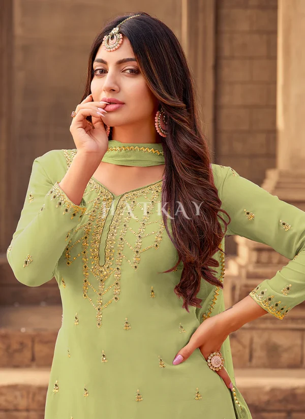Light Green Zari Embroidery Gharara Style Suit