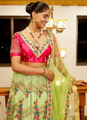 Lime Green And Pink Multi Embroidery Wedding Lehenga Choli