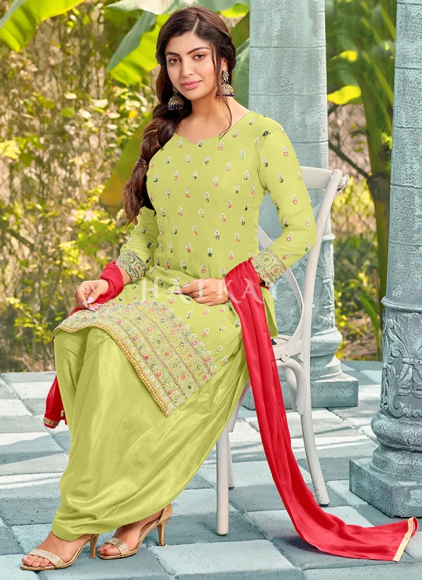 Lime Green Mirror Work Embroidered Patiala Suit