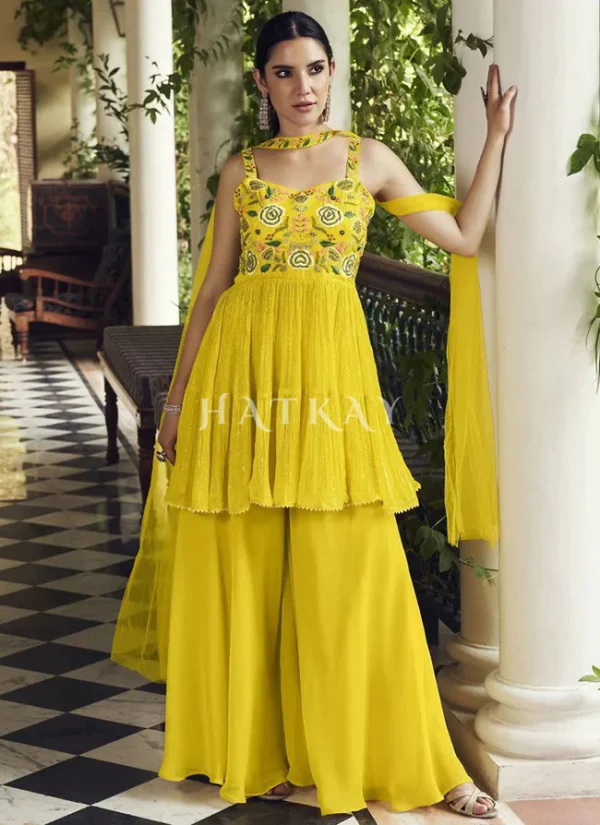 Lime Yellow Embroidered Sharara Style Suit
