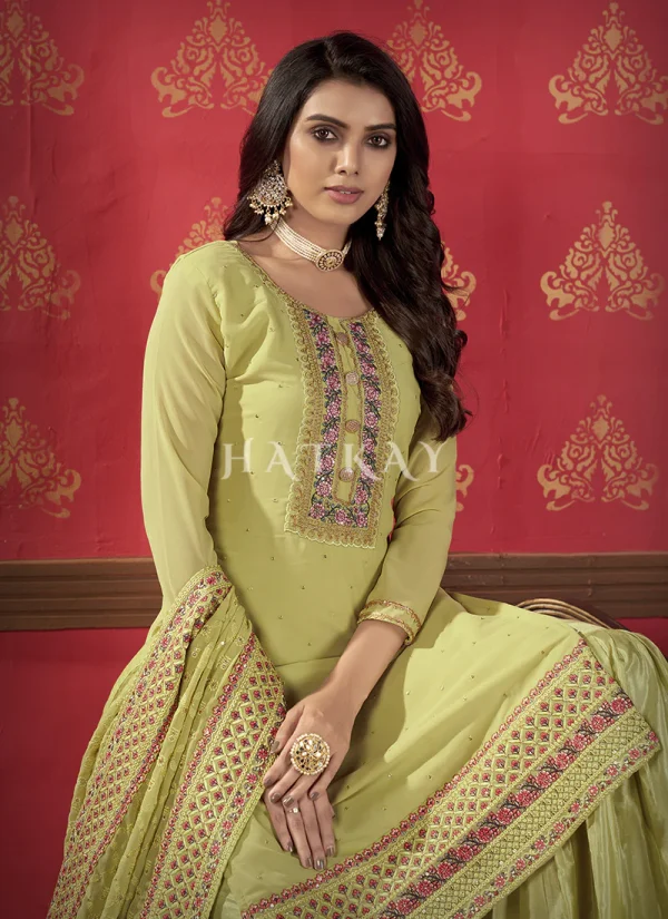Lime Yellow Multi Embroidered Pleated Gharara Suit