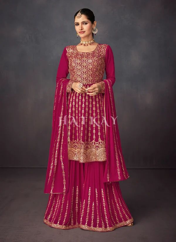 Magent Pink Golden Embroidered Sharara Style Suit