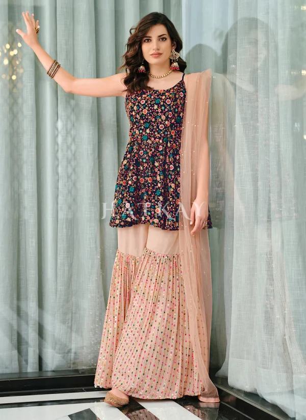 Maroon And Peach Embroidered Gharara Suit