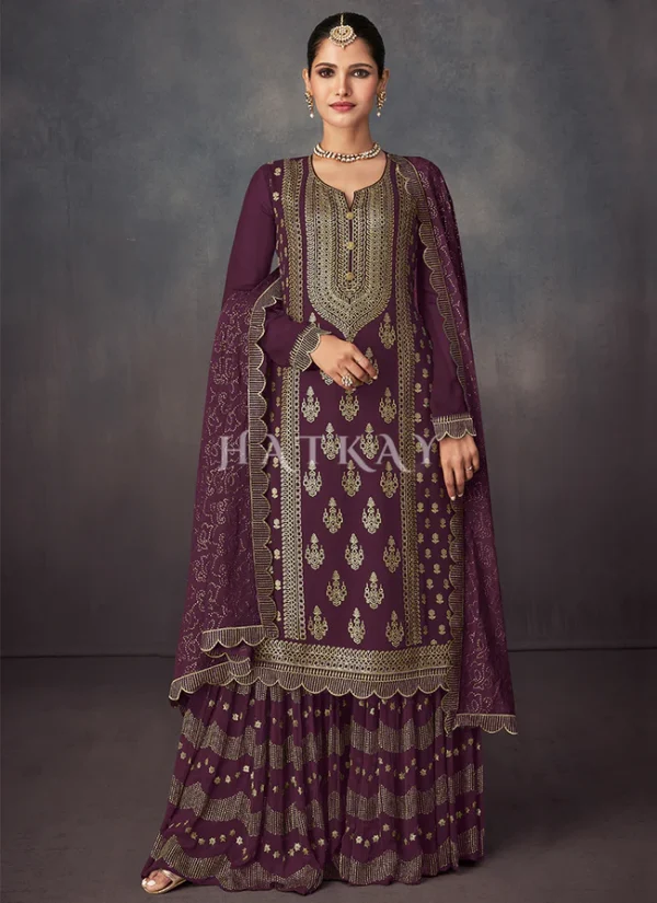 Maroon Golden Embroidered Sharara Style Suit