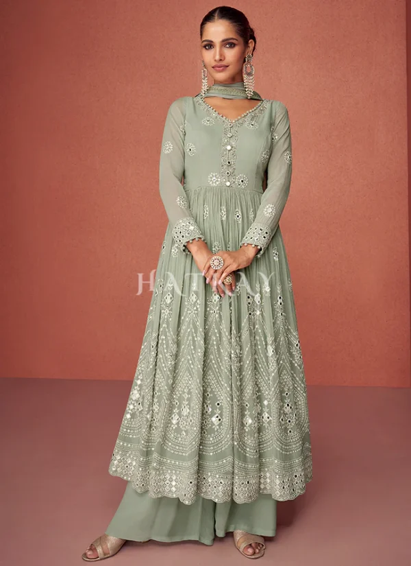Mint Green Mirror Work Embroidery Gharara Suit