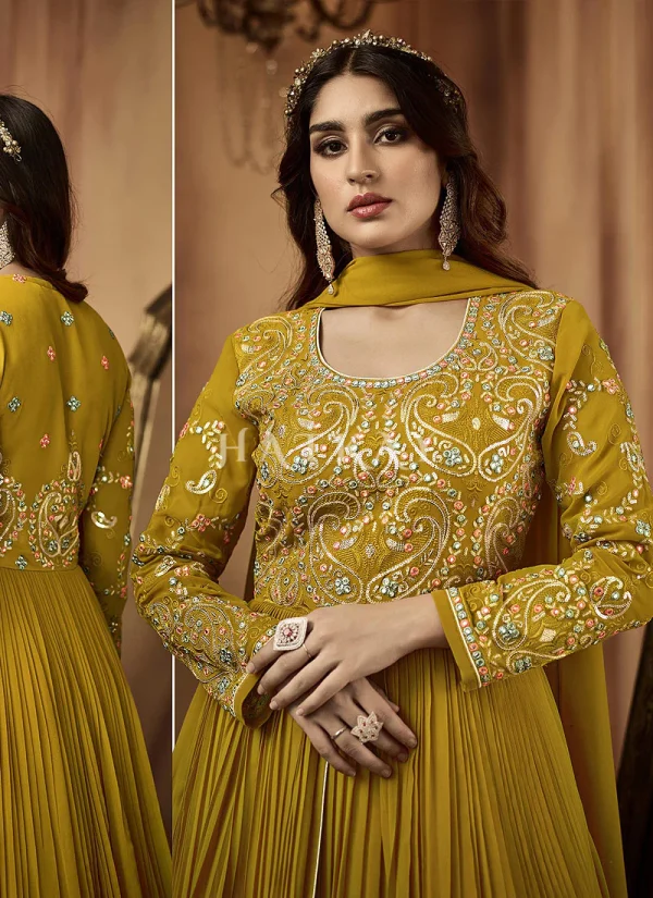 Mustard Yellow Multi Embroidered Slit Style Anarkali Lehenga Suit