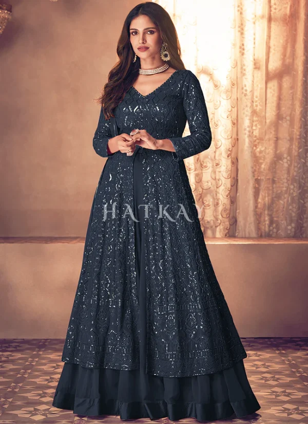 Navy Blue Traditional Sequence Embroidered Wedding Anarkali Lehenga Style Suit