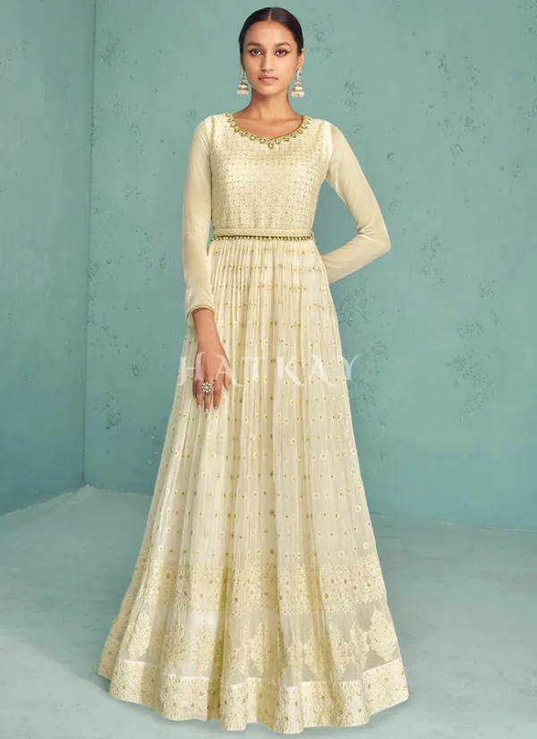 Off White Embroidery Traditional Anarkali Suit