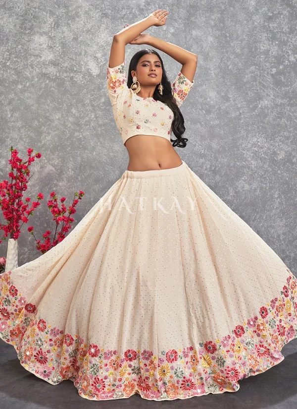 Off White Floral And Sequence Embroidery Wedding Lehenga Choli