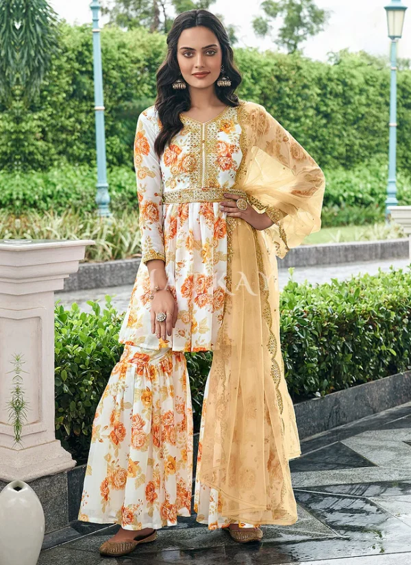 Off White Floral Print Gharara Suit