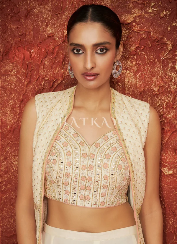 Off White Golden Embroidered Jacket Style Sharara Suit